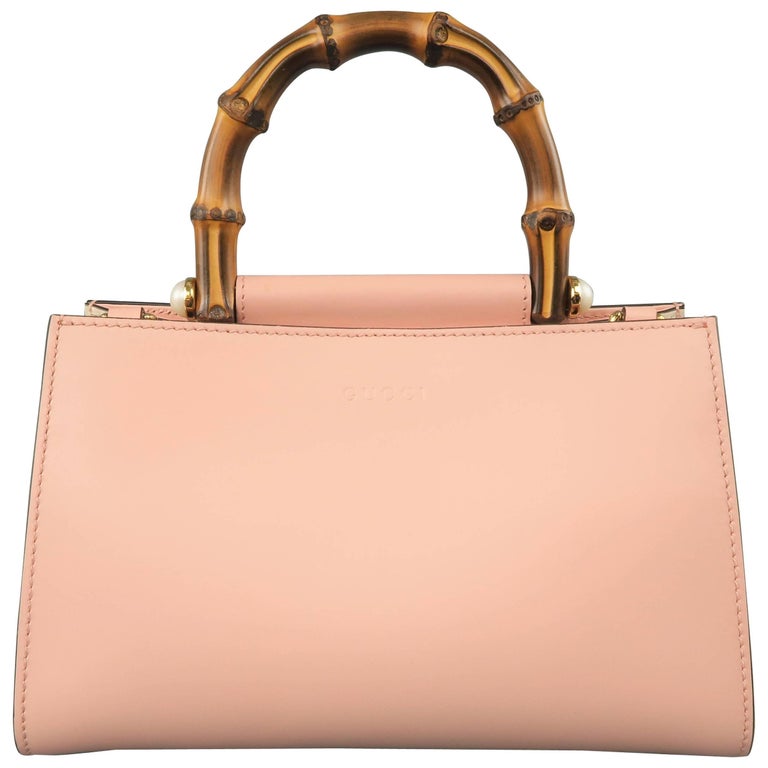 Gucci Pink Leather Nymphaea Bamboo Top Handle Striped Crossbody Strap