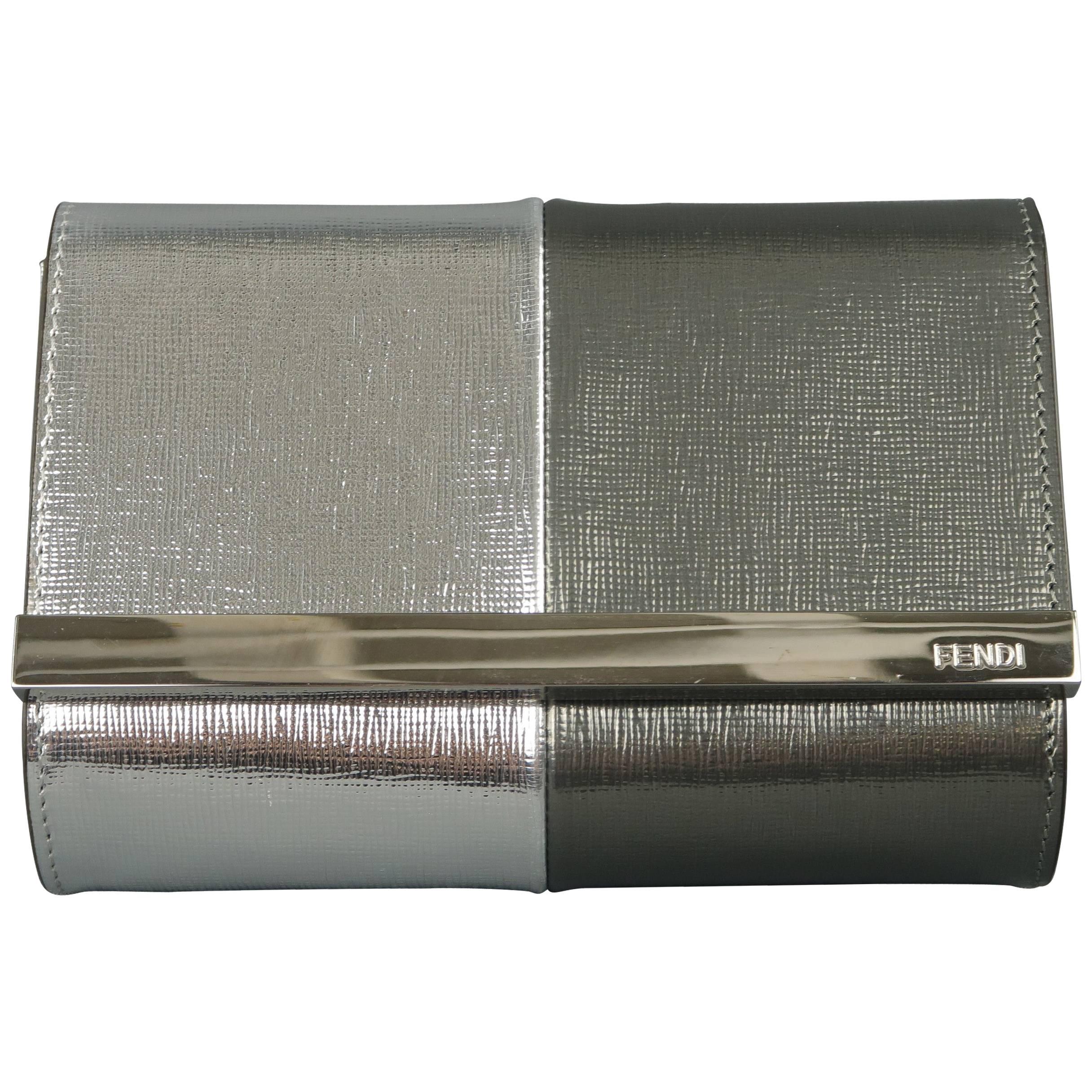 FENDI Two Tone Metallic Silver Leather Evening Mini Rush Clutch Handbag
