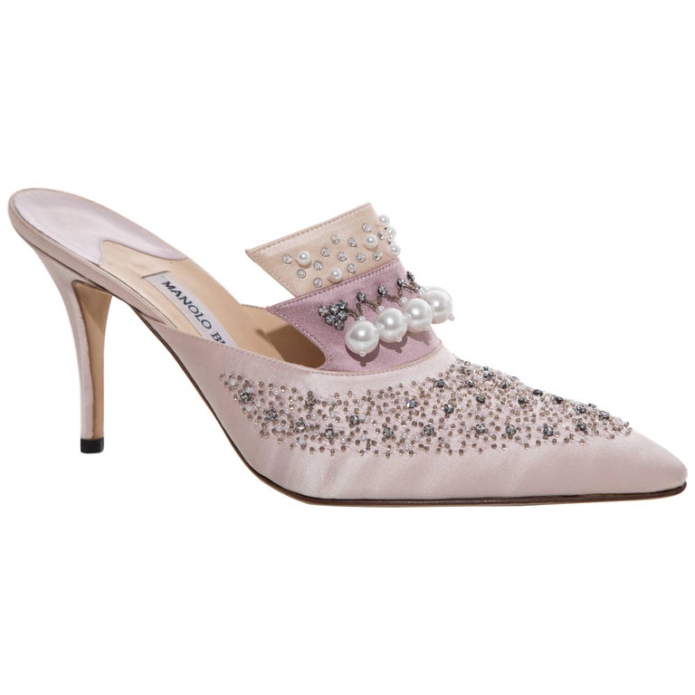 Manolo Mules Crystal Dark Pink Silk Satin 219382