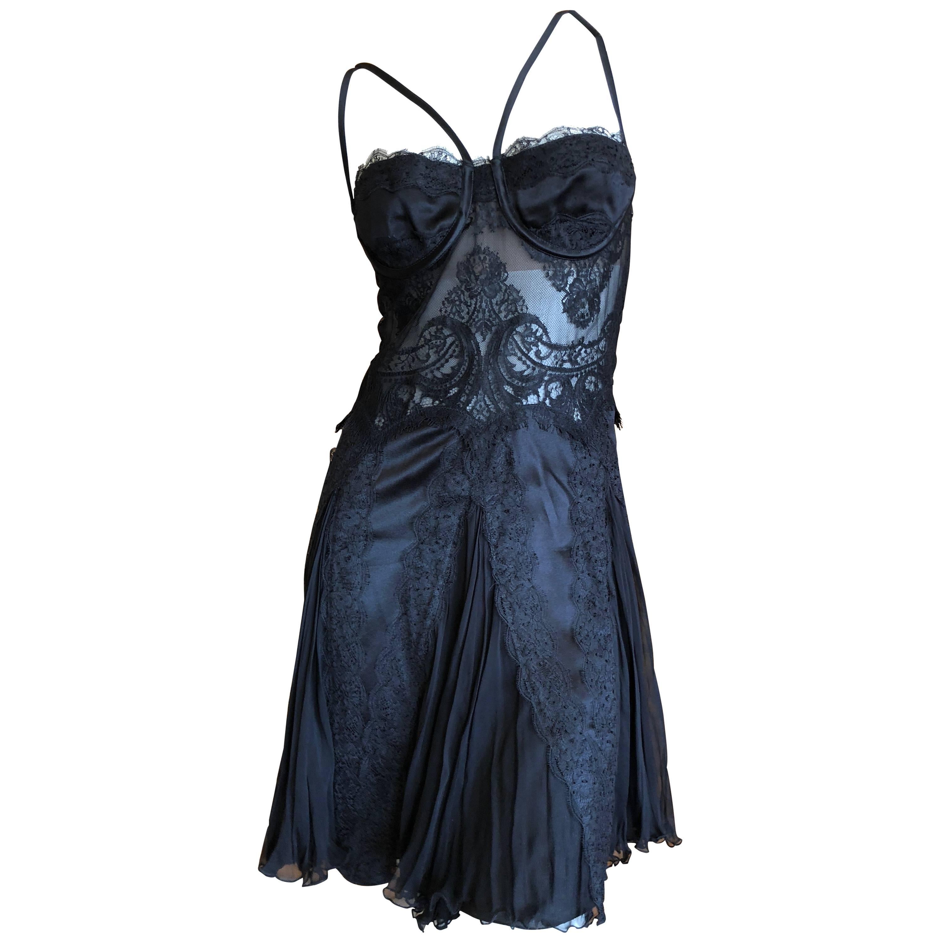 Versace Sheer Lace Accented Vintage Black Lace Mini Cocktail Dress For Sale