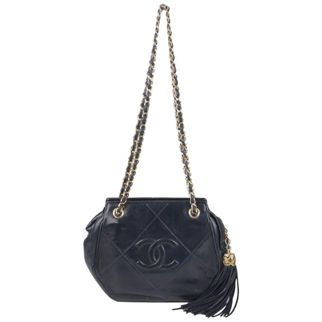 CHANEL Vintage Blue Quilted Leather Tassel Shoulder Bag