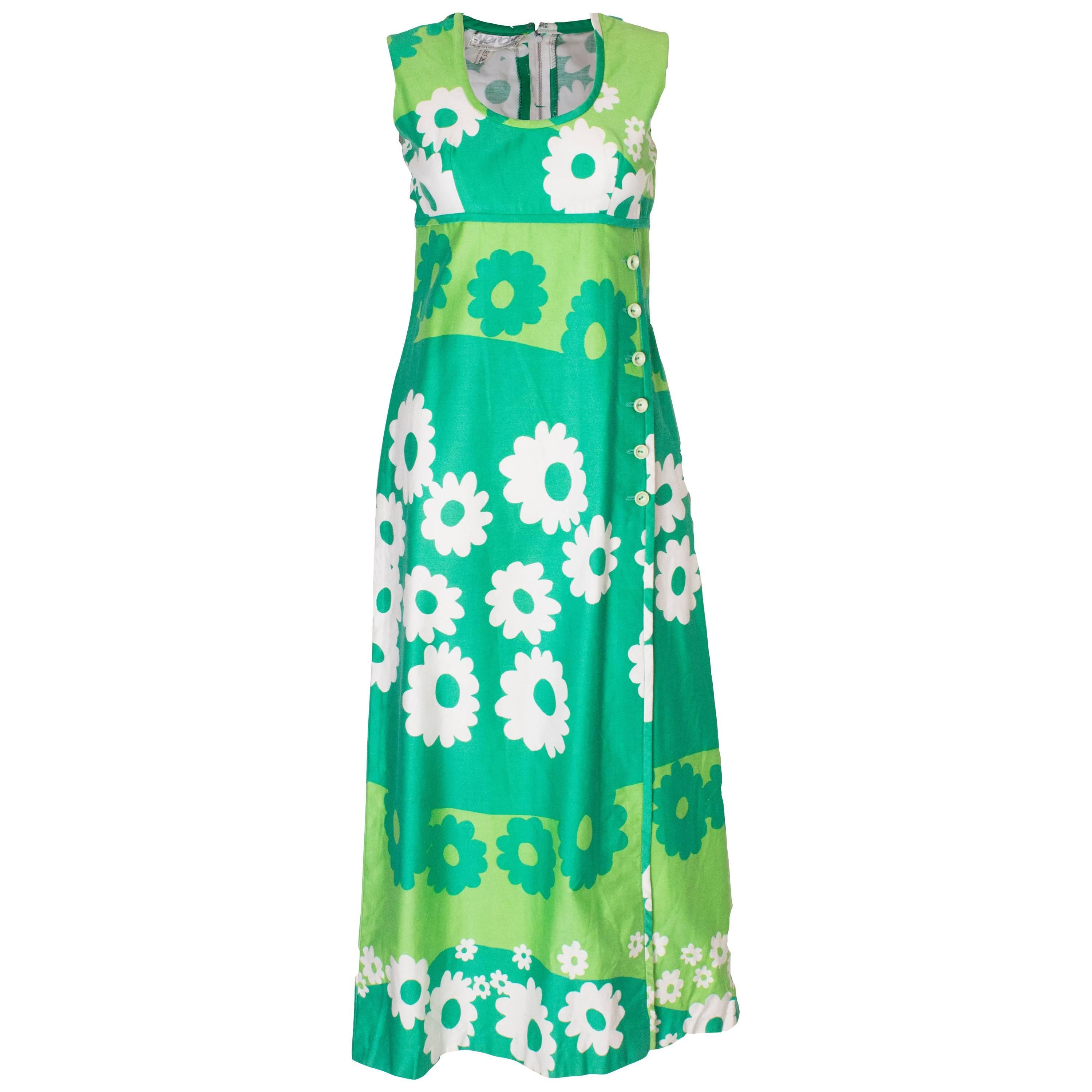 A Vintage 1960s green cotton floral printed long Summer Dress For Sale