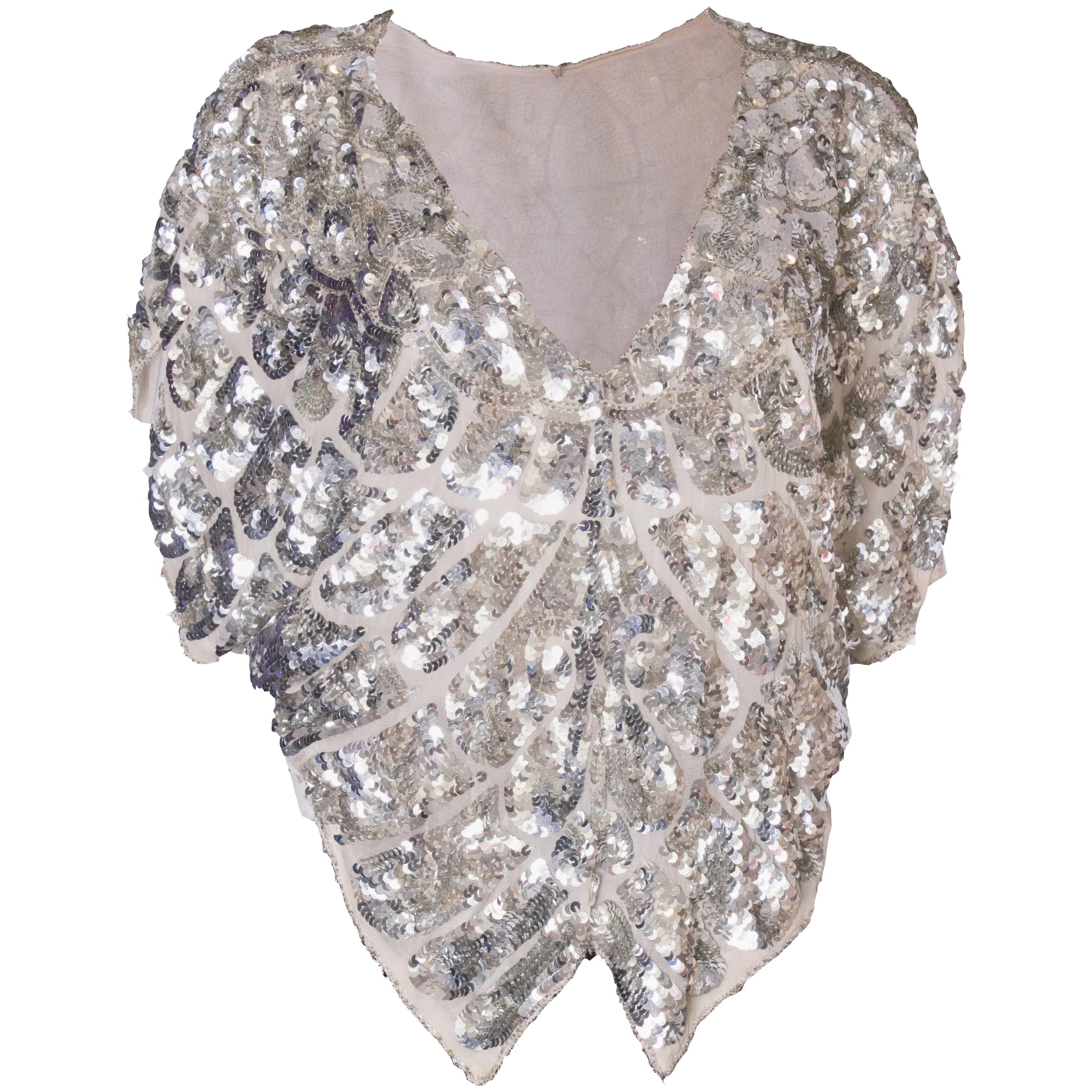 A Vintage 1980s Silver Sequin and Silk Butterfly Top