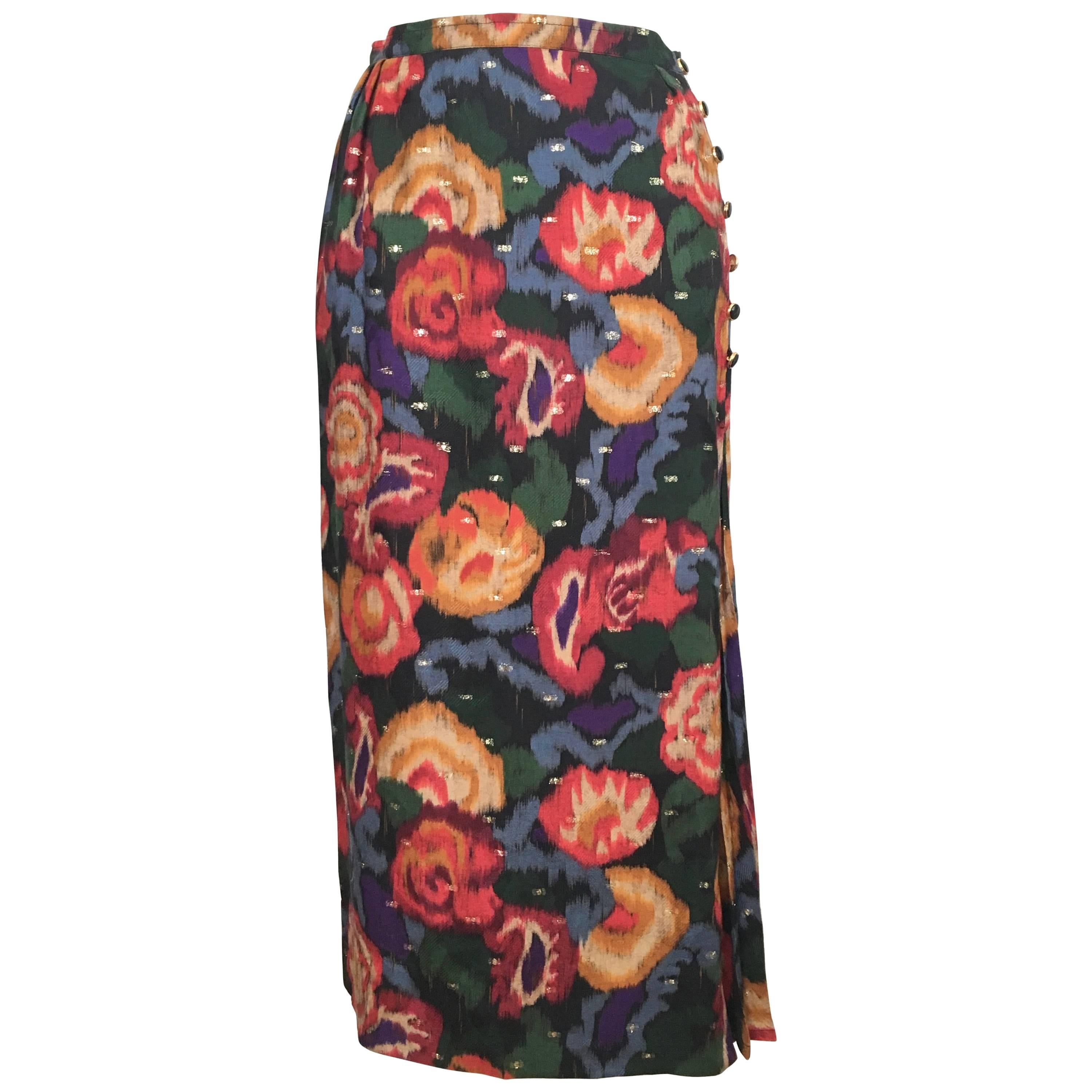 Emanuel Ungaro Parallele Paris 1980s Wool / Silk Long Floral Skirt Size 4/6. For Sale