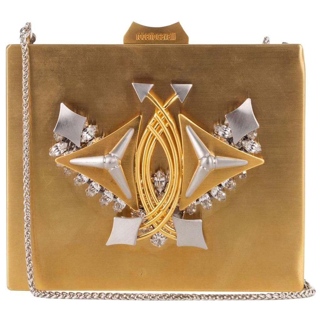 Roberto Cavalli Metallic Gold Metal Embellished Shoulder Bag Clutch