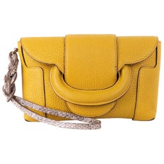 Roberto Cavalli Solid Mustard Yellow Grained Leather Wristlet Clutch