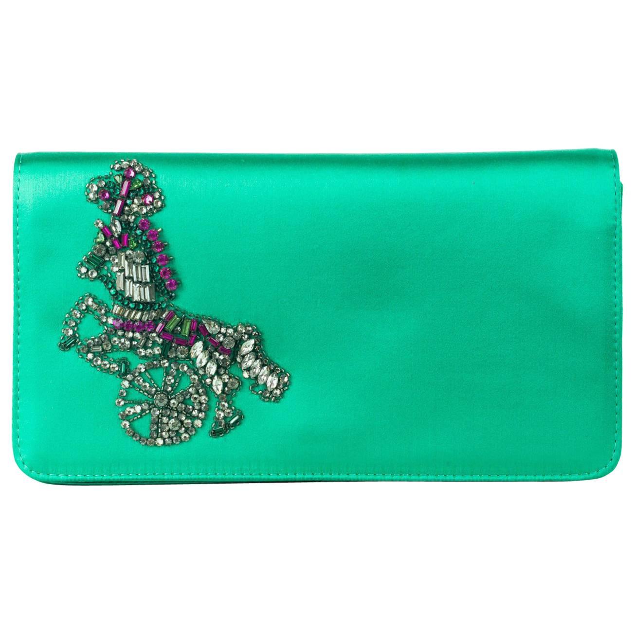 Roberto Cavalli Solid Green Satin Embellished Embroidered Clutch For Sale
