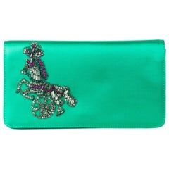 Roberto Cavalli Solid Green Satin Embellished Embroidered Clutch