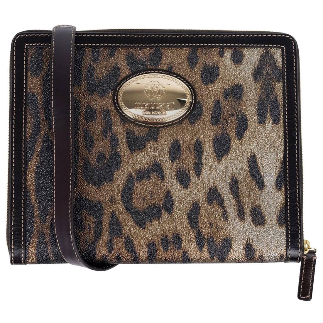 Roberto Cavalli Matte Black Print Ipad Case Leopard Leather Shoulder Bag For Sale