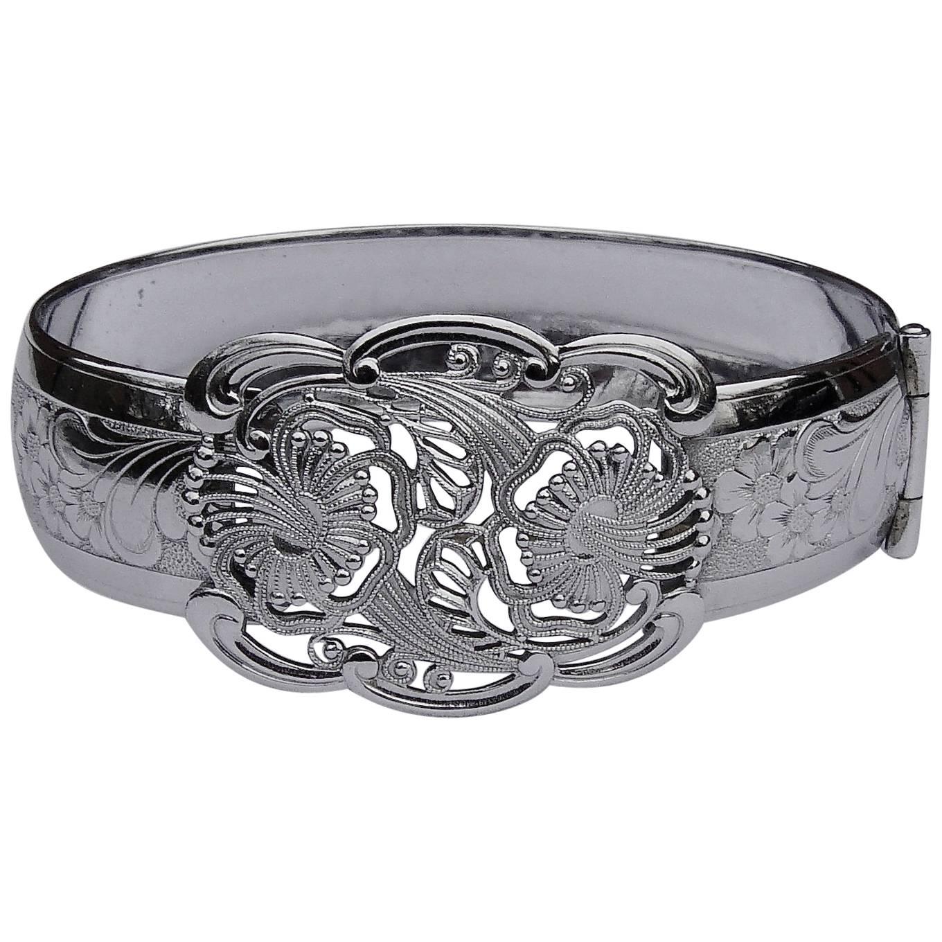 Silver Tone Floral Filigree Vintage Bangle, circa 1930s