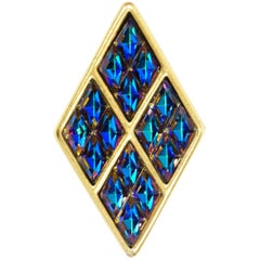 1980s Yves Saint Laurent Vermeil Iridescent Blue Rhinestone Brooch Original Box