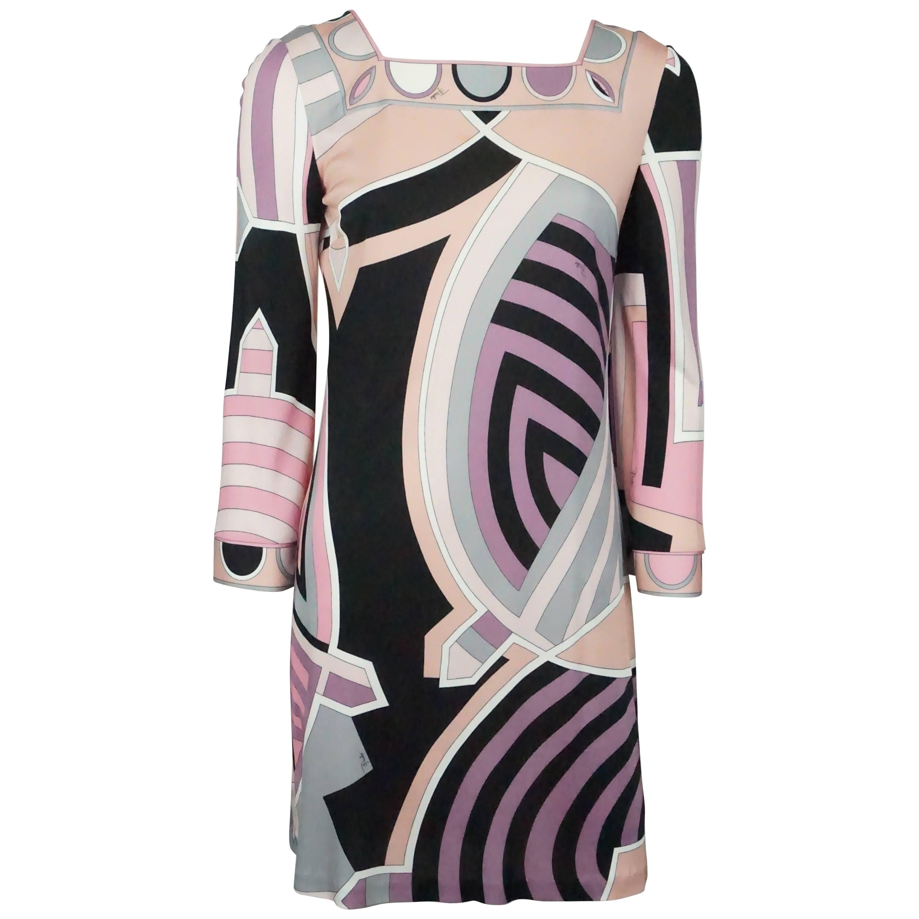 Emilio Pucci Pink, Black, and Earthtones Printed L/S Dress - 6 For Sale