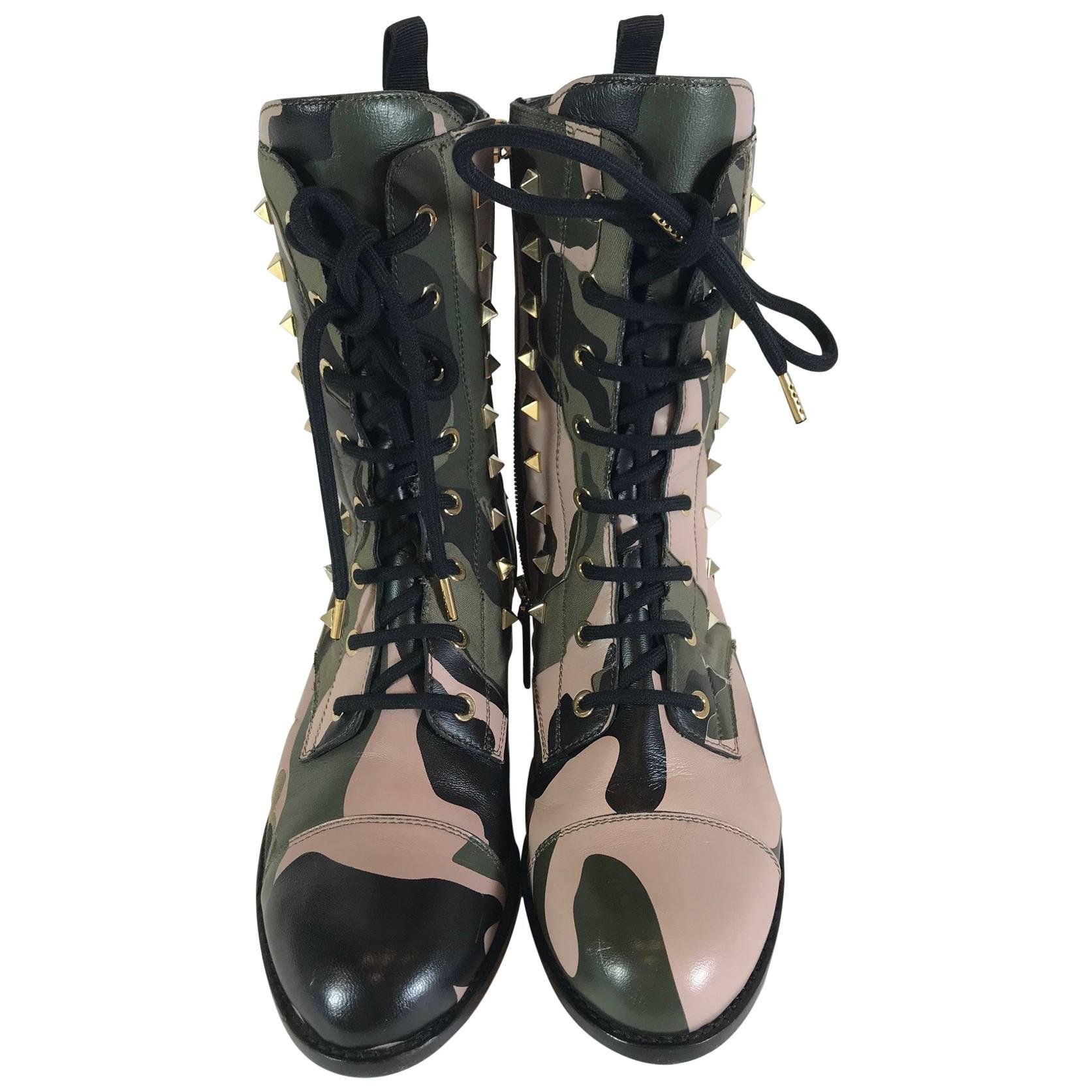 Valentino Rockstud Army Camo Leather Canvas Combat For Sale