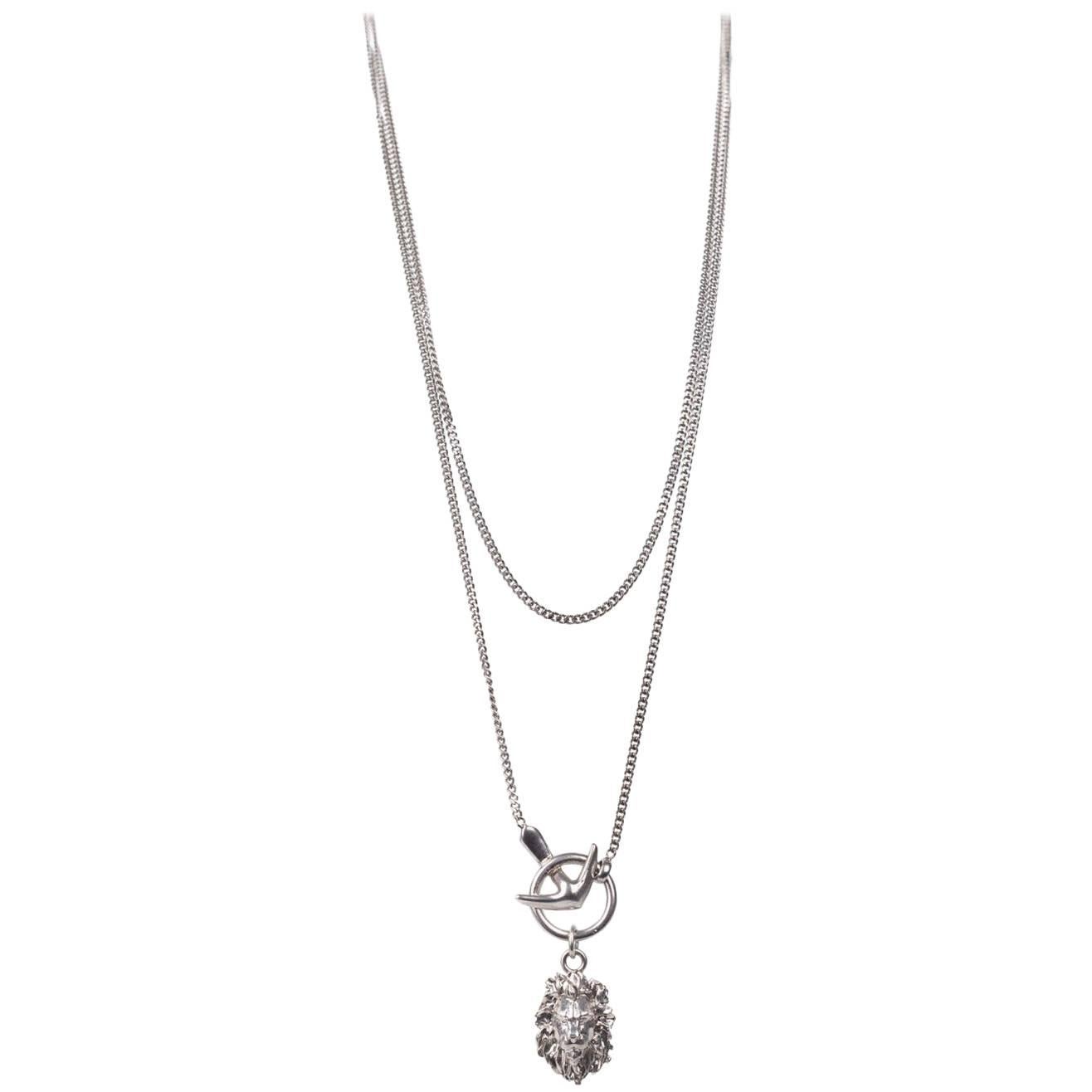 Roberto Cavalli Silver Lion Head Double Chain Pendant Necklace For Sale