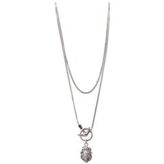 Roberto Cavalli Silver Lion Head Double Chain Pendant Necklace
