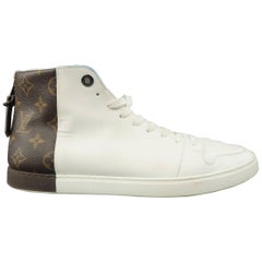 Used Louis Vuitton Men's White Leather Brown Monogram Canvas Heel High Tops