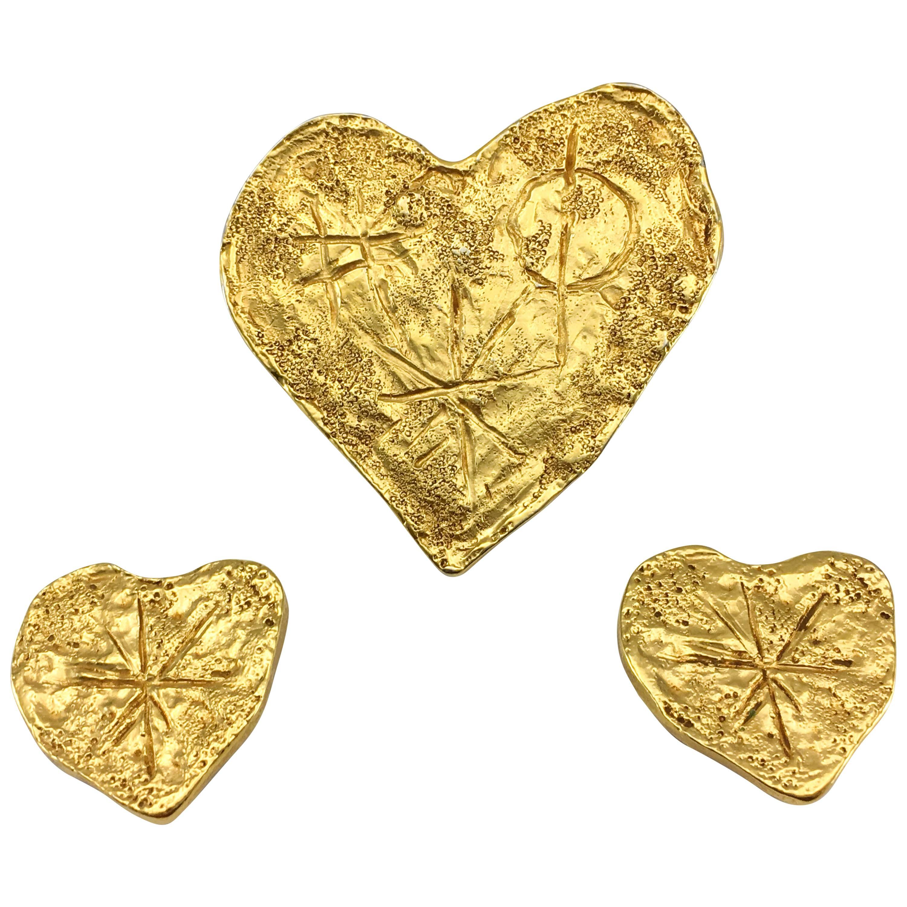 Lacroix by Goossens Gold-Plated Earrings and Brooch Modernist Heart Set, 1994  For Sale