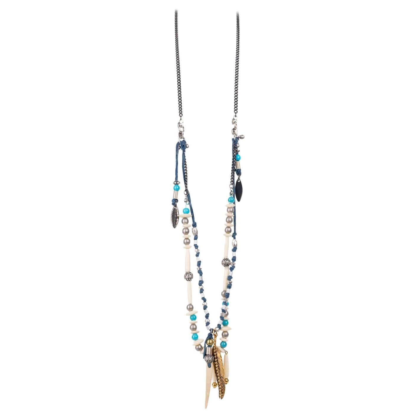 Roberto Cavalli Blue Tribal Feather Beaded Applique Necklace For Sale