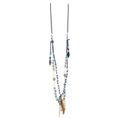 Roberto Cavalli Blue Tribal Feather Beaded Applique Necklace