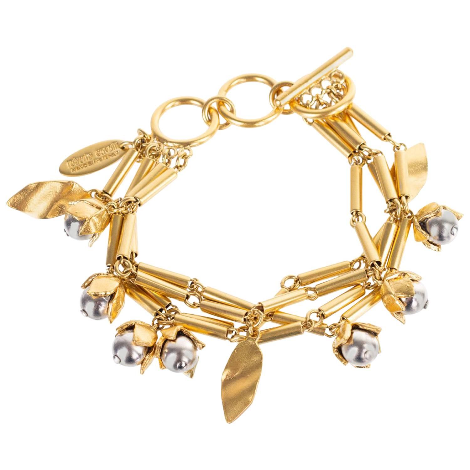 Roberto Cavalli Gold Tone Metal Floral Applique Hook and Clasp Bracelet For Sale
