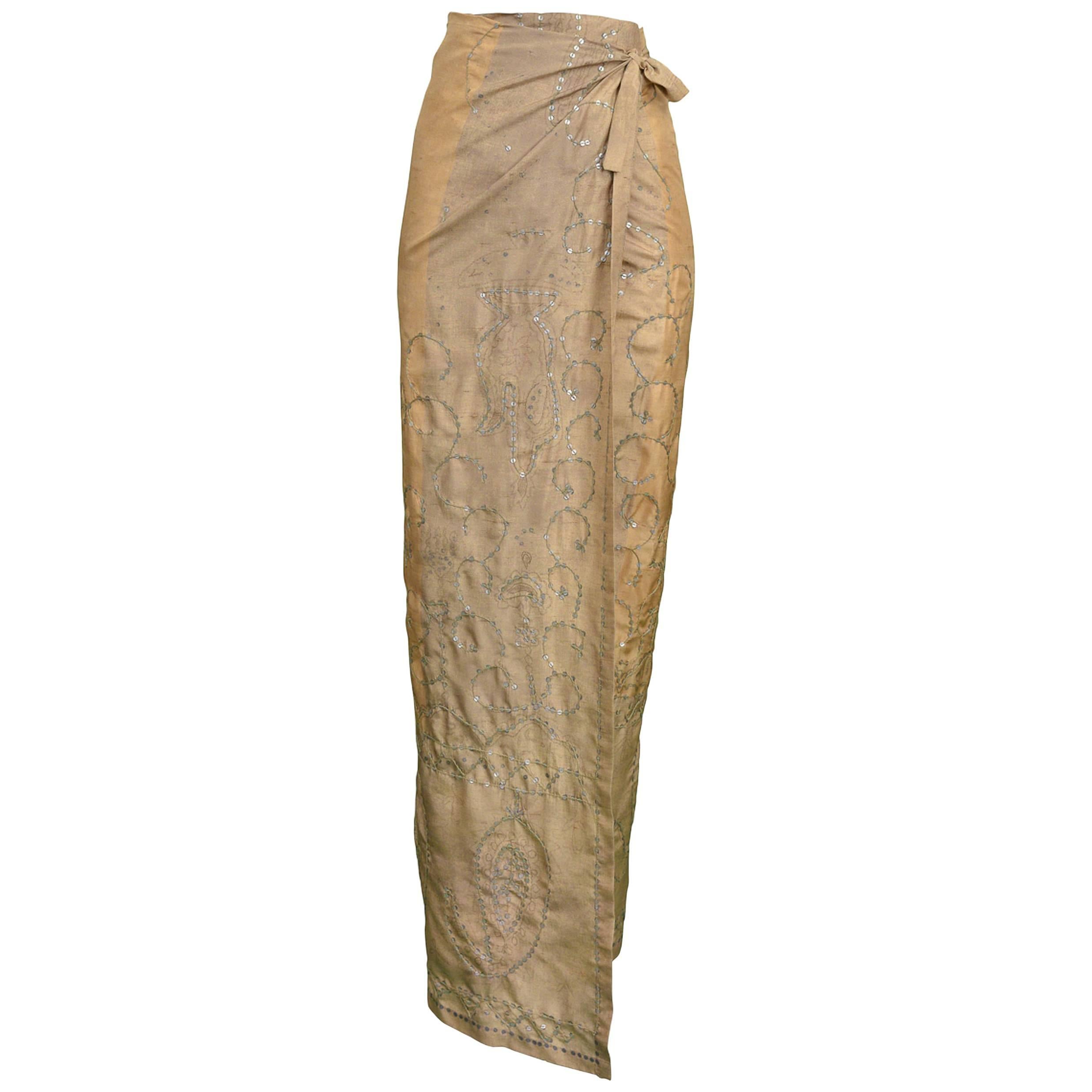 Dries Van Noten Vintage Khaki Embroidered Sari Skirt, 1997