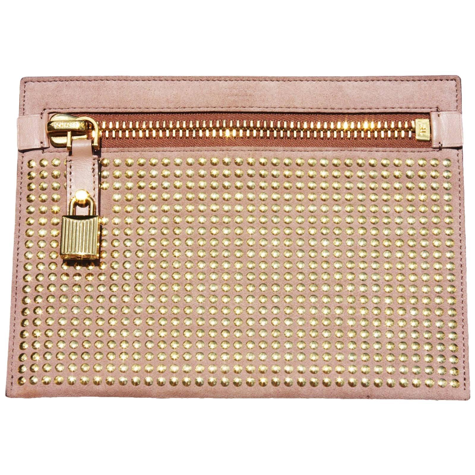 New $1190 Tom Ford Alix Suede Nude/Gold Studded Pouch Clutch Bag with Lock