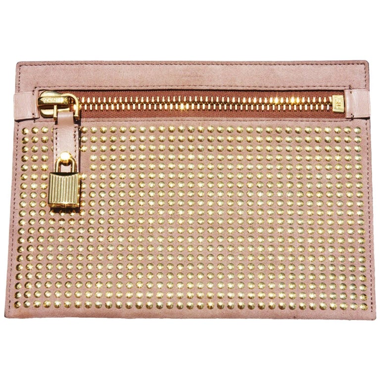 New 1190 Tom Ford Alix Suede Nude/Gold Studded Pouch Clutch Bag with