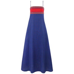 ANNE KLEIN c.1970's Blue & Red Floral Paisley Print Empire Waist Maxi Dress