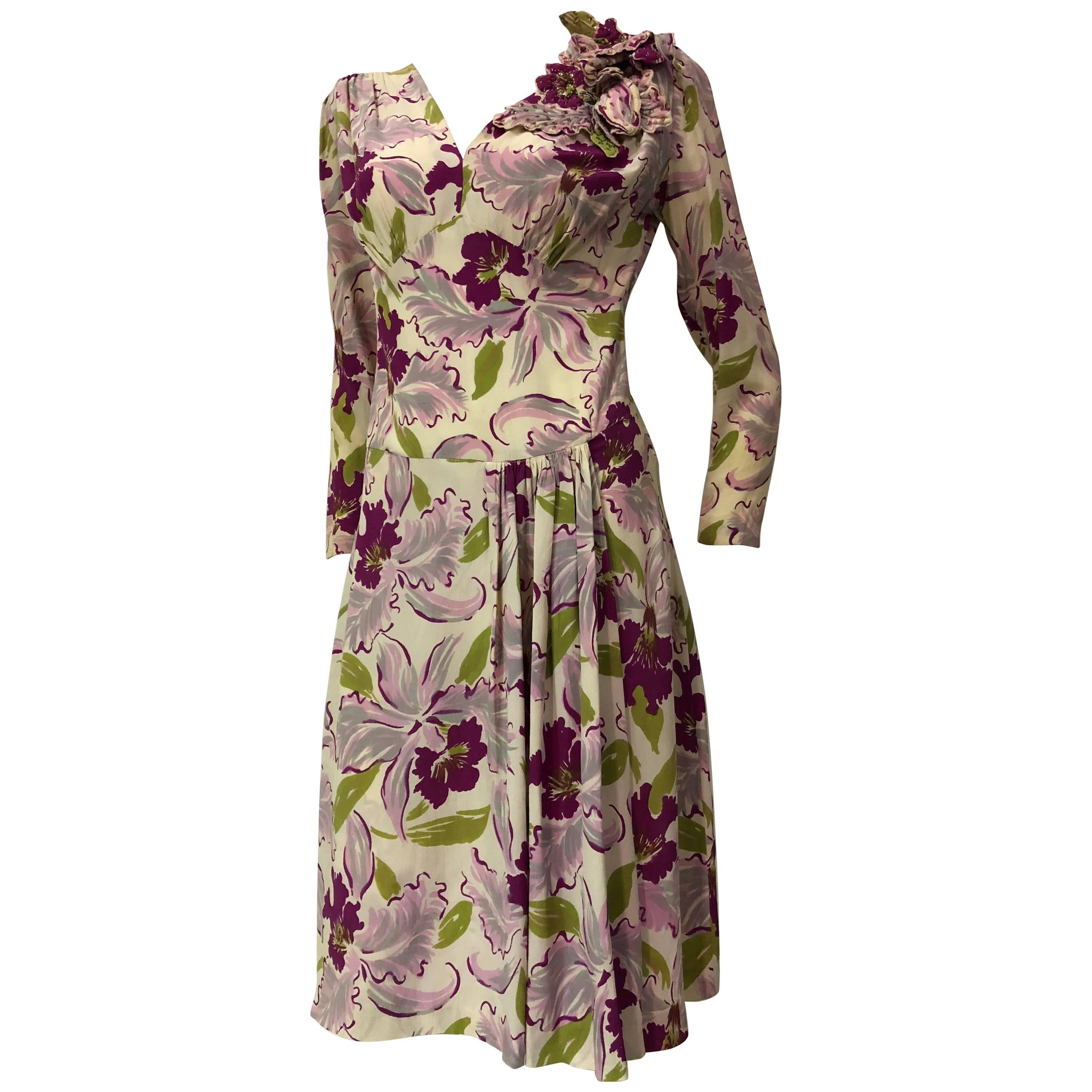 1940s Orchid Print Rayon Crepe Dress W/ Dramatic Orchid Corsage