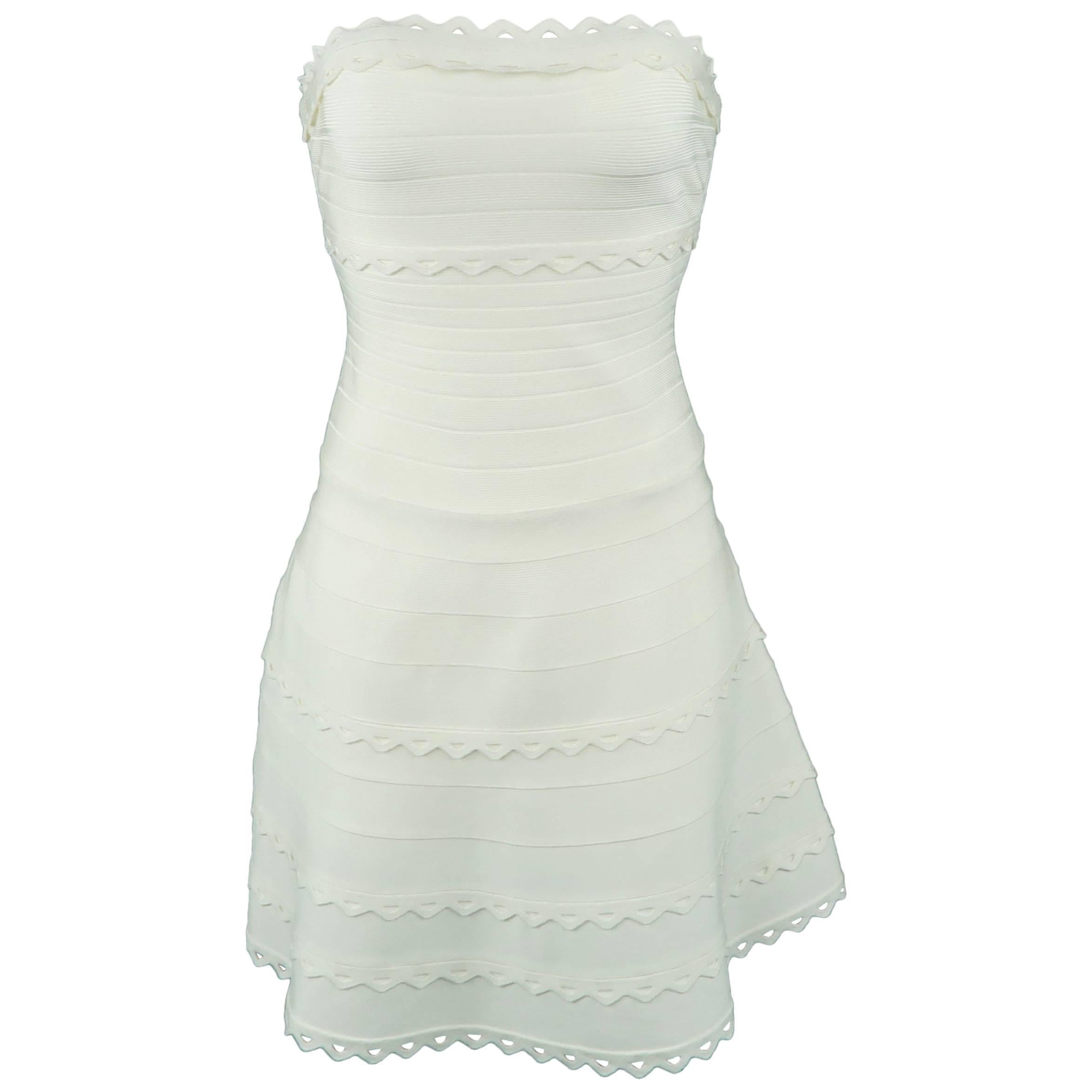 Herve Leger White Scalloped Bandage Phoebe Strapless Dress