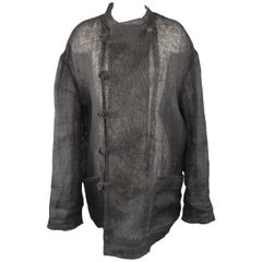 Issey Miyake Black Woven Linen Band Collar Double Breasted Jacket