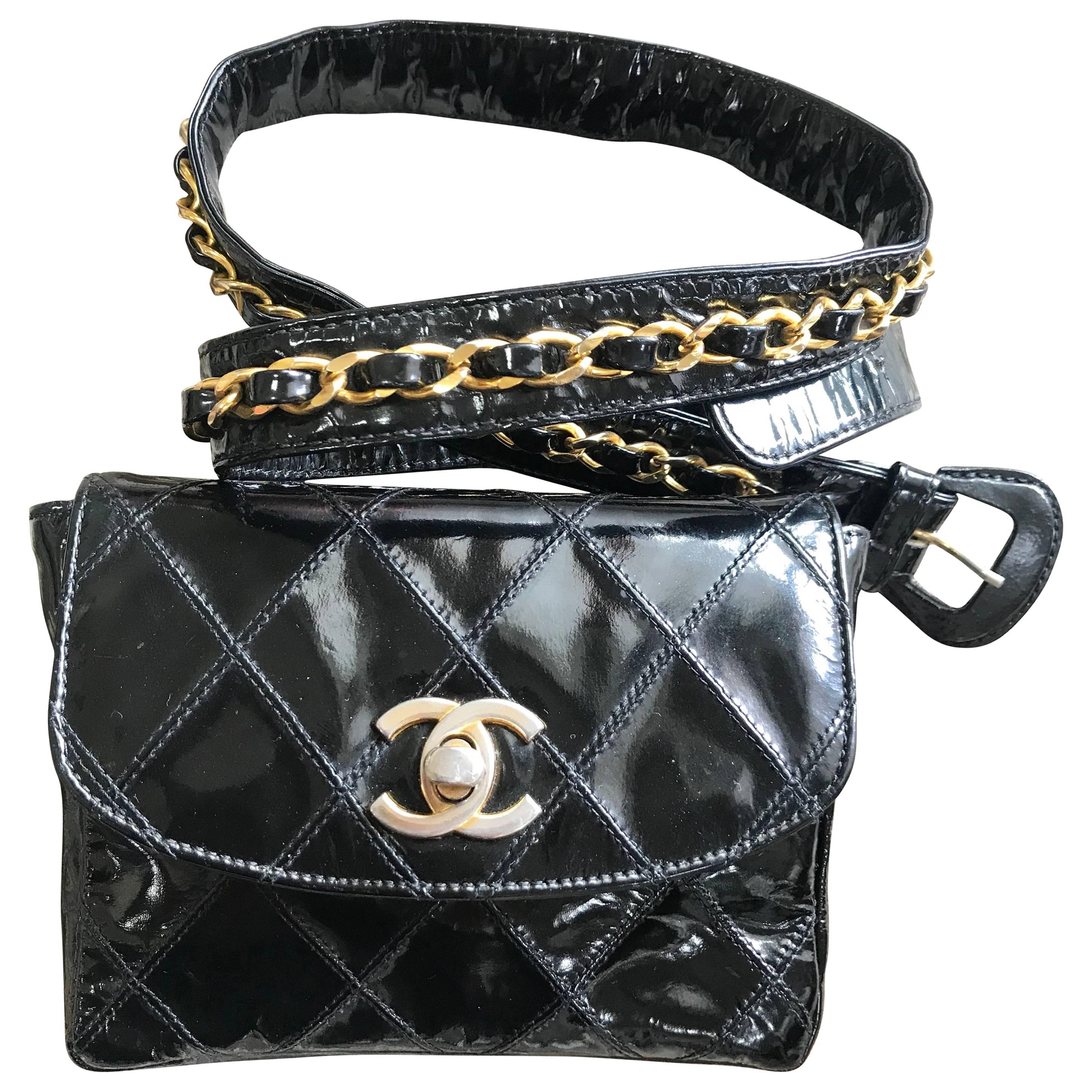 Chanel Black And Pink Quilted Patent Double Mini Flap Waist Bag