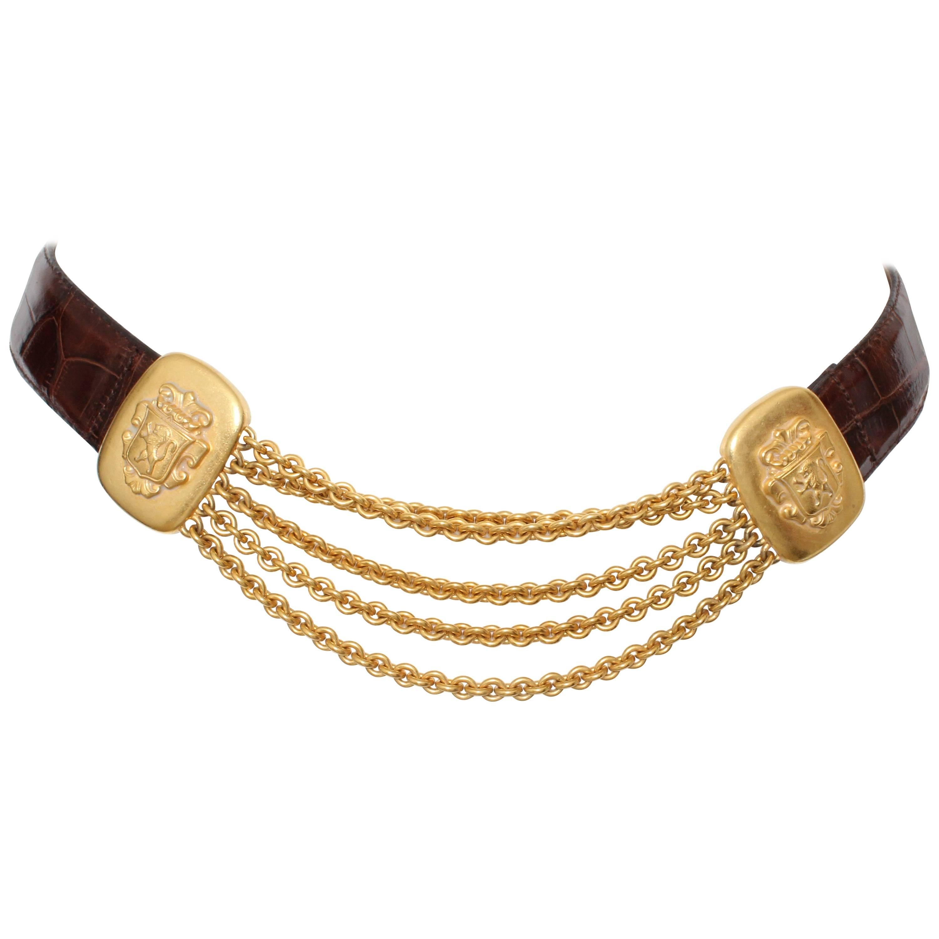 Ben Amun Isaac Manevitz Croc Embossed Leather Belt Lions Gold Chains Sz M