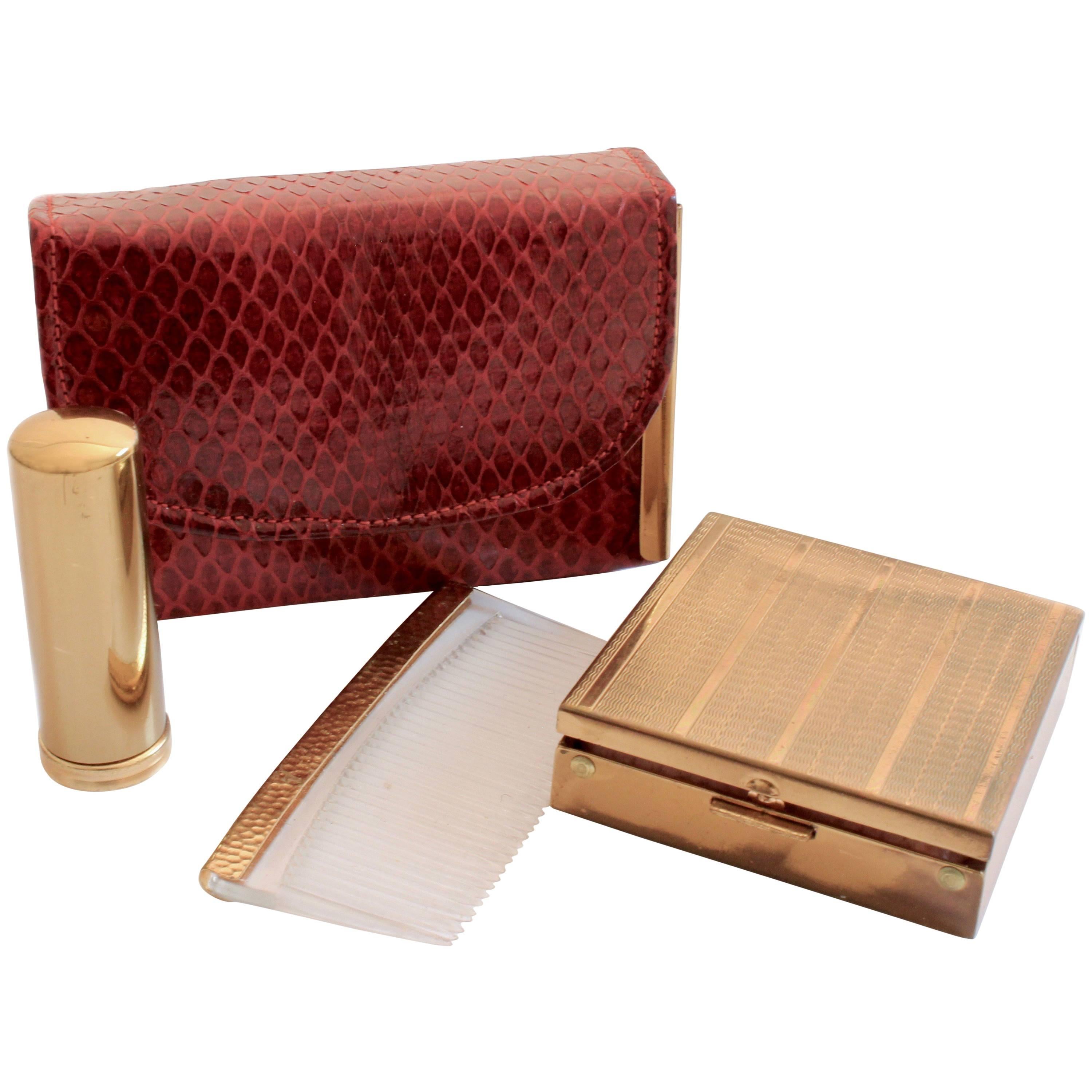 Rex Fifth Ave Snakeskin Mini Clutch + Compact Mirror Lipstick Holder Comb 1950s