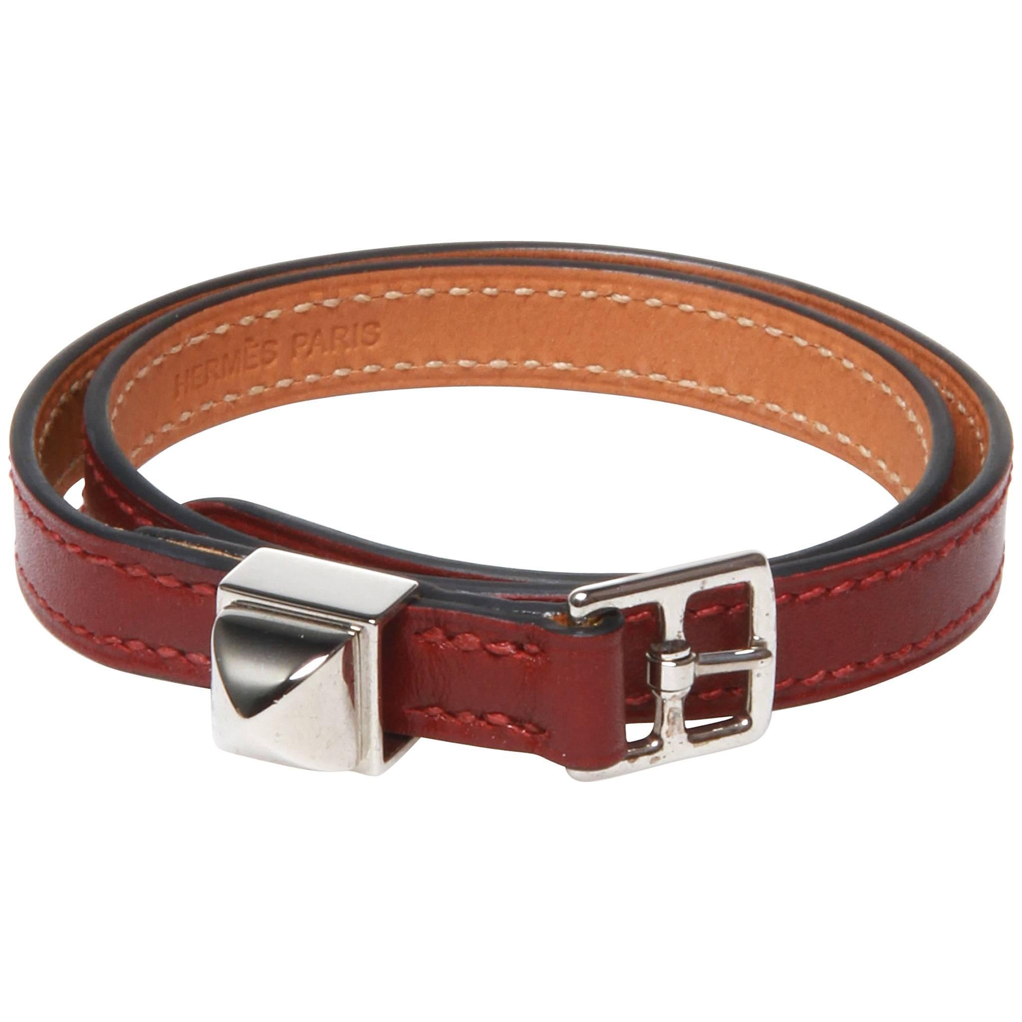 Hermes O stamped brown buckle leather band/bracelet in authentic box For Sale