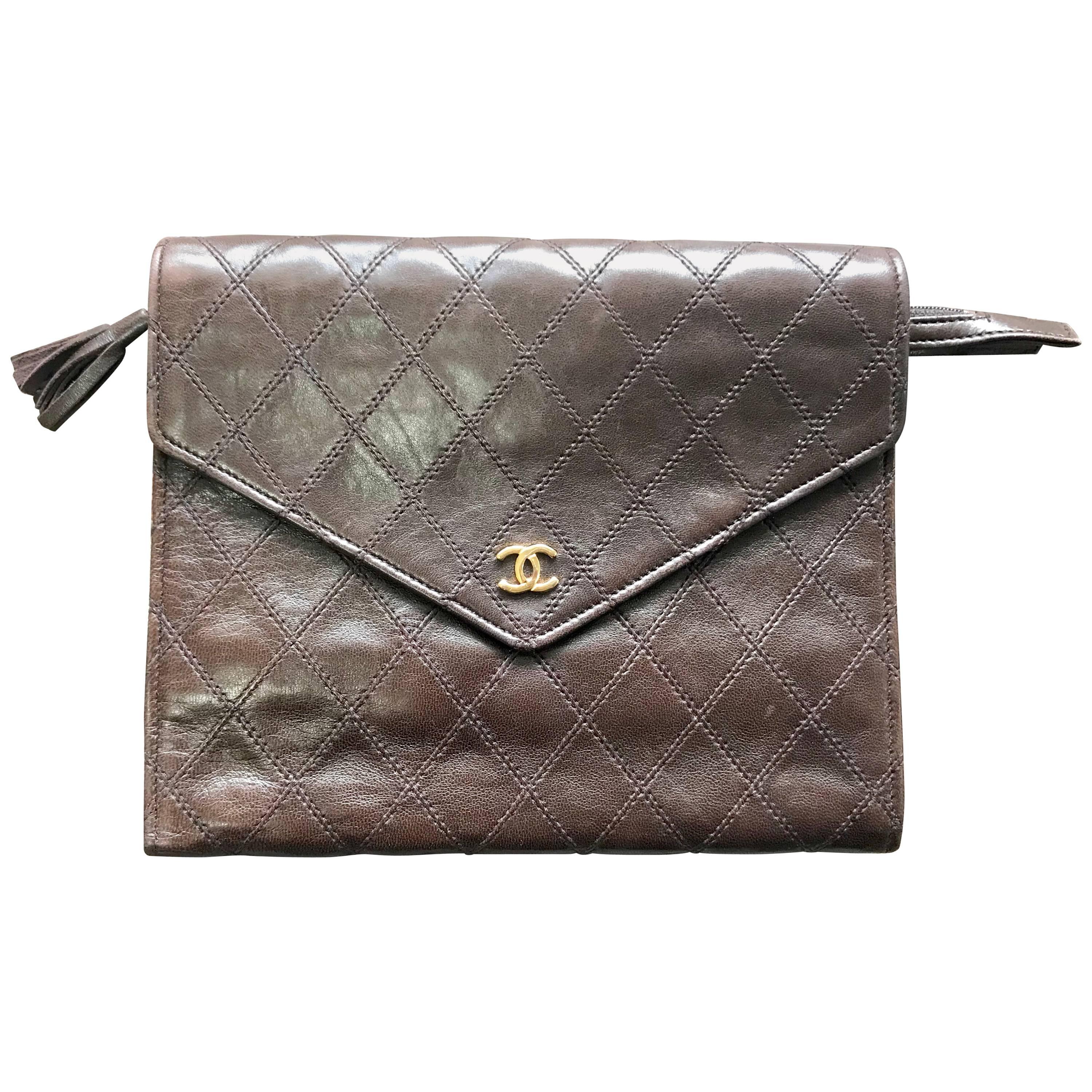 Vintage CHANEL brown clutch bag, wallet, bill, checkbook, iPhone case purse.  For Sale