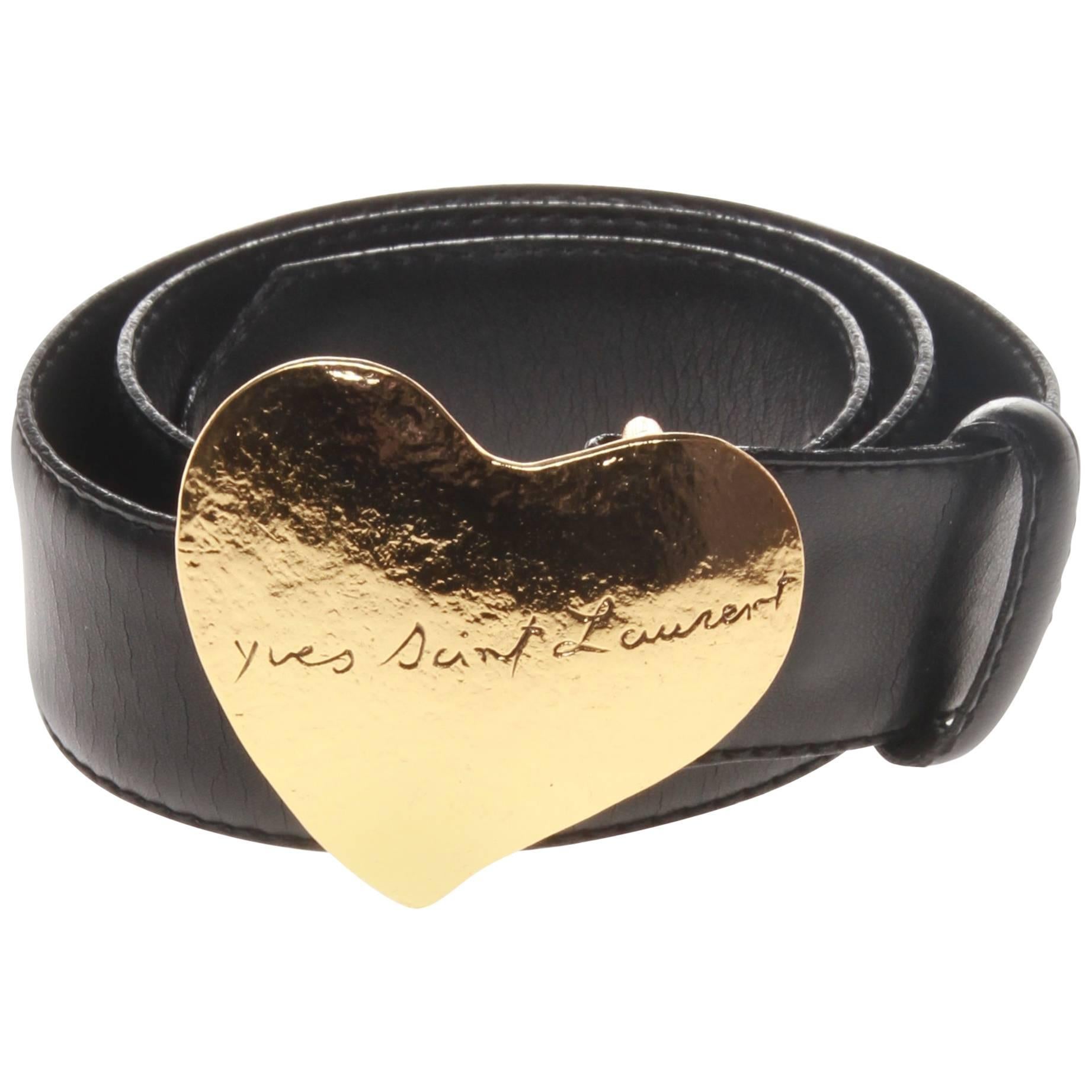	Yves saint laurent black leather belt with heart buckle