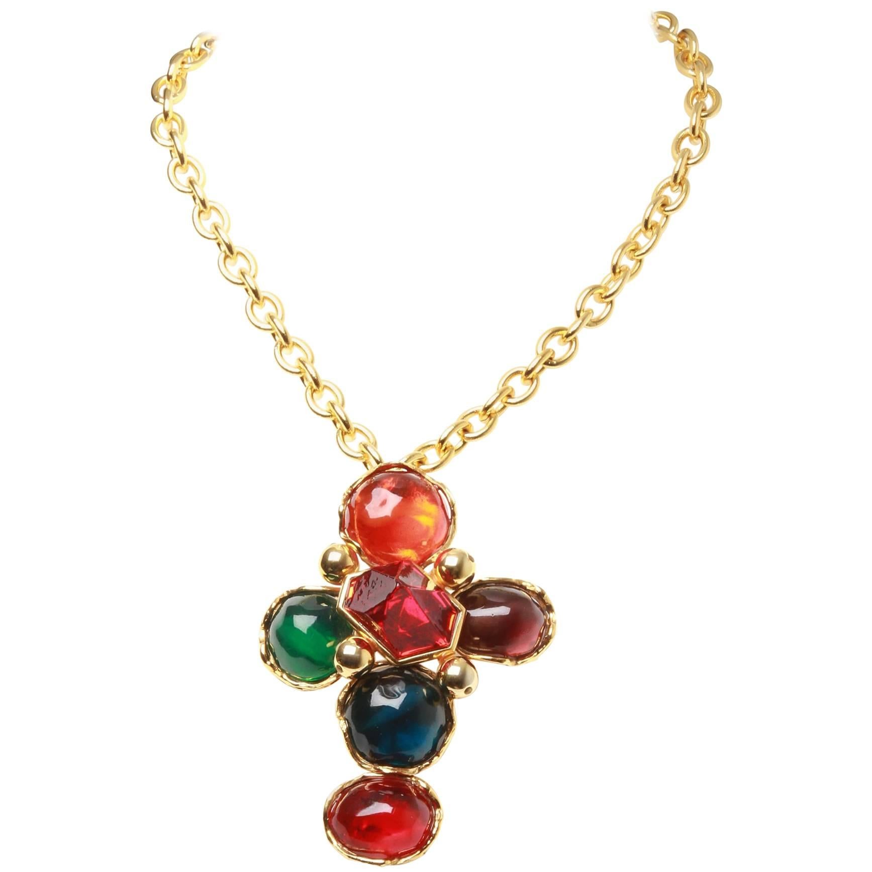 Saint Laurent large cross Glass coloured stones red/orange/green/blue with gold
