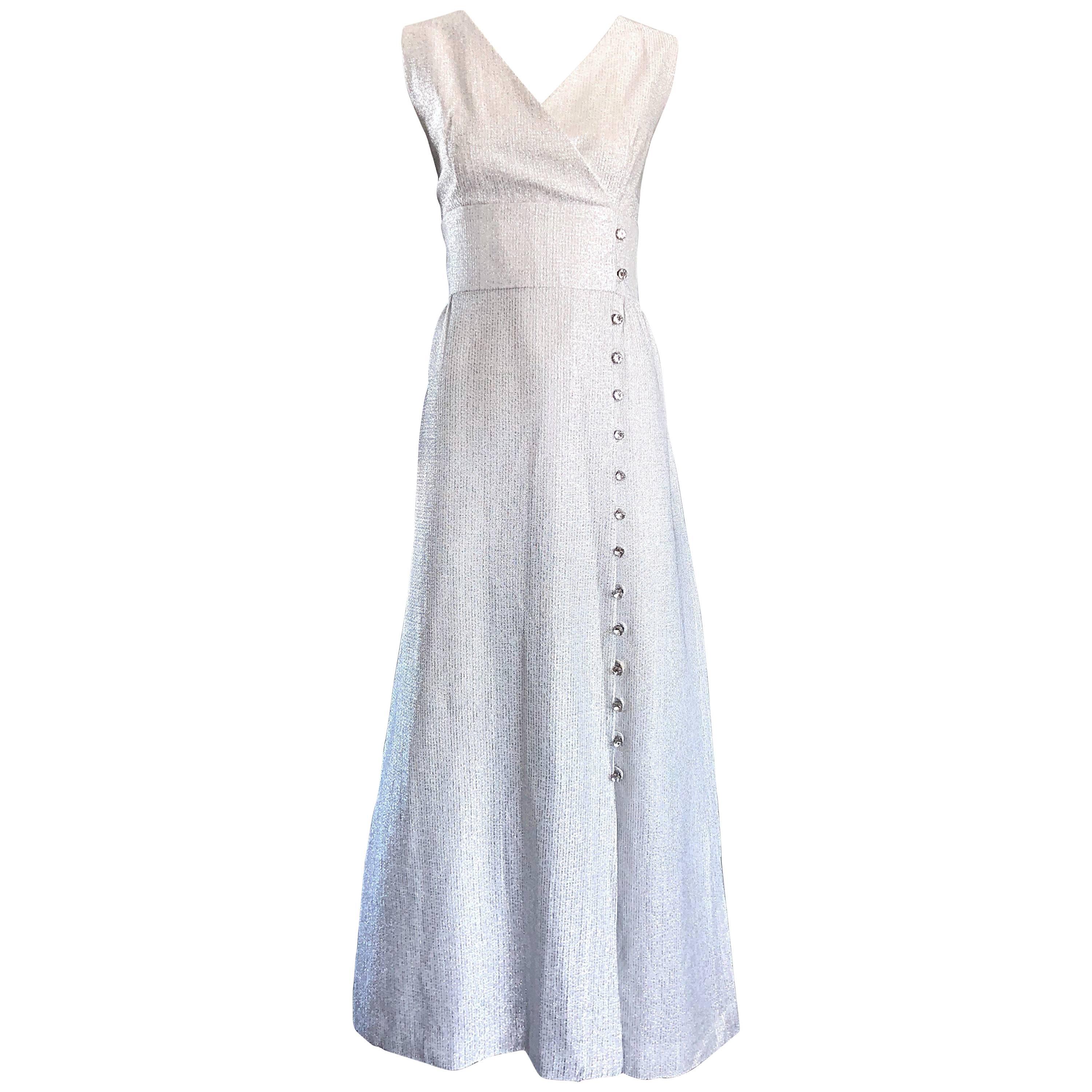 Beautiful 1970s Silver Metallic Lurex Rhinestone Buttons Sleeveless Maxi Dress