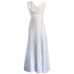 Beautiful 1970s Silver Metallic Lurex Rhinestone Buttons Sleeveless Maxi Dress