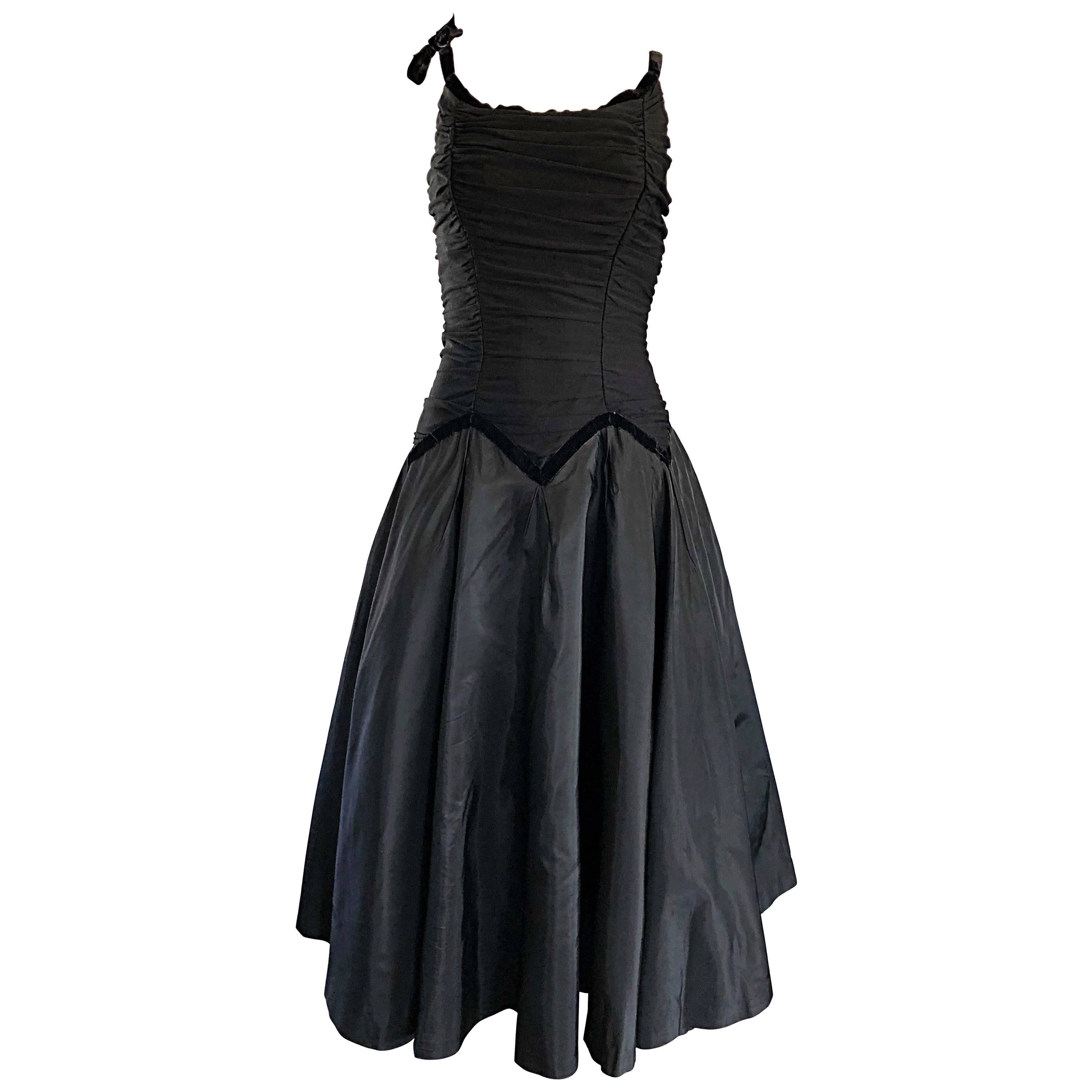 Beautiful 1950s Black Silk Taffeta Fit and Flare Vintage Sleeveless 50s Dress