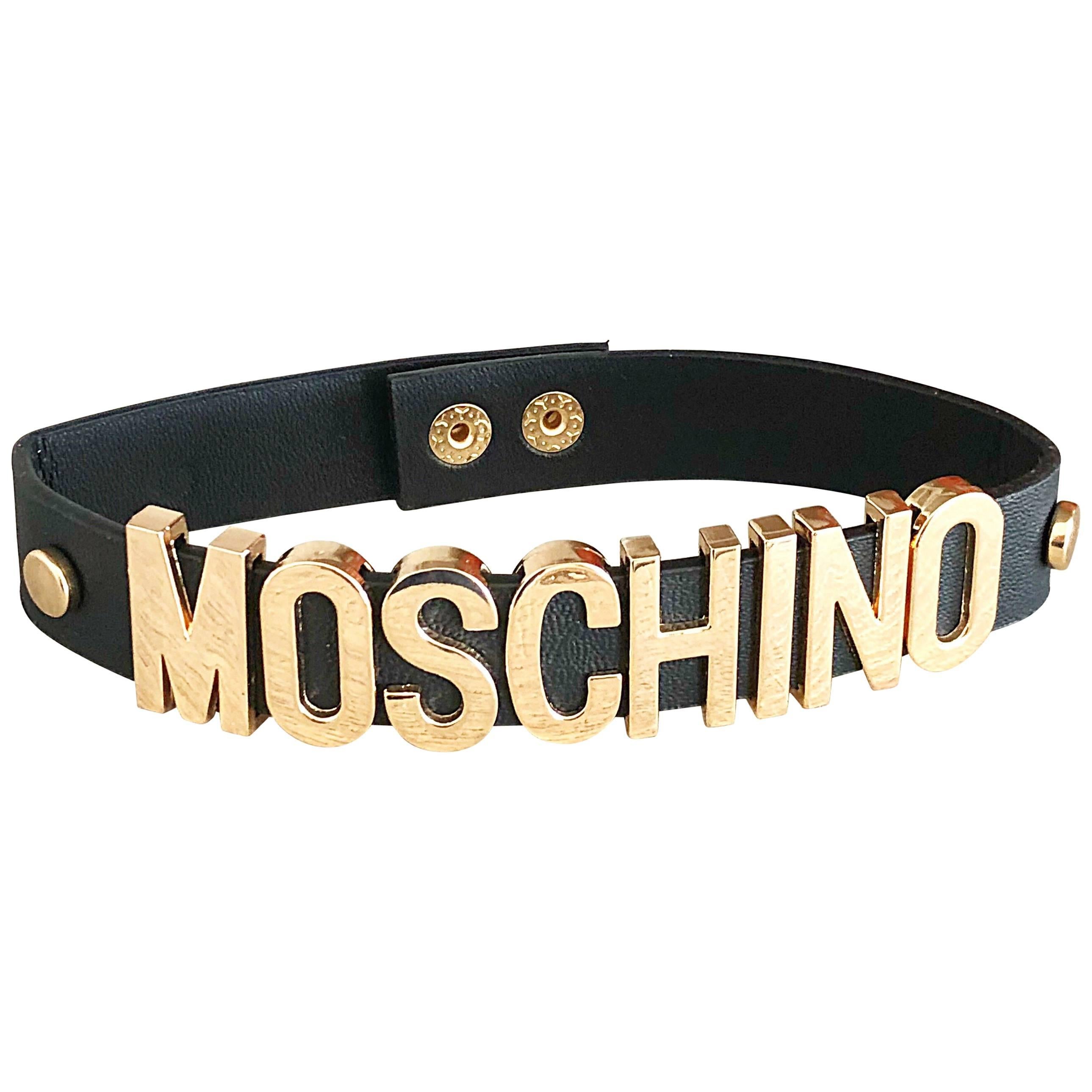 1990s Moschino Black and Gold Leather Vintage 90s Logo Choker Necklace 