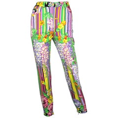 Vintage Gianni Versace Versus Floral Cotton Jeans with Ankle Zip, c. 90's, Size 24/25 W