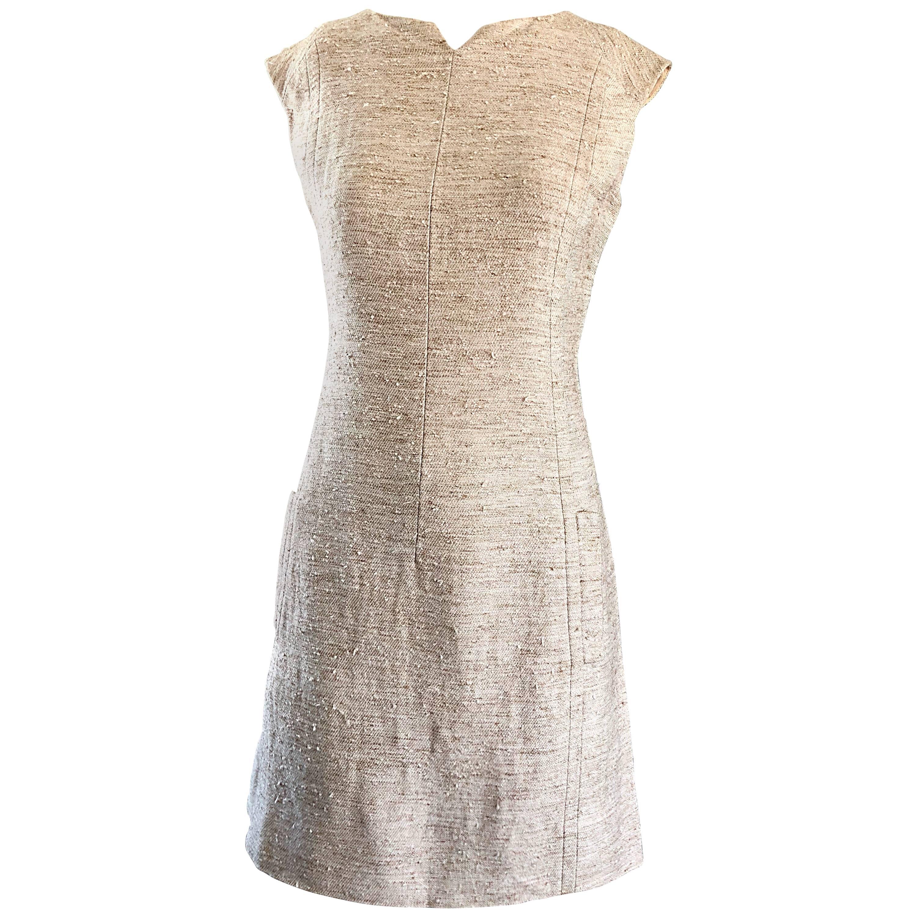 Chic 1960s Oatmeal Beige Irish Linen Vintage 60s A Line Dress w/ Pockets For Sale