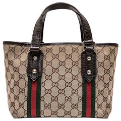 GUCCI Vintage Bag in Brown and Beige Monogram Canvas with Red and Green Stripes