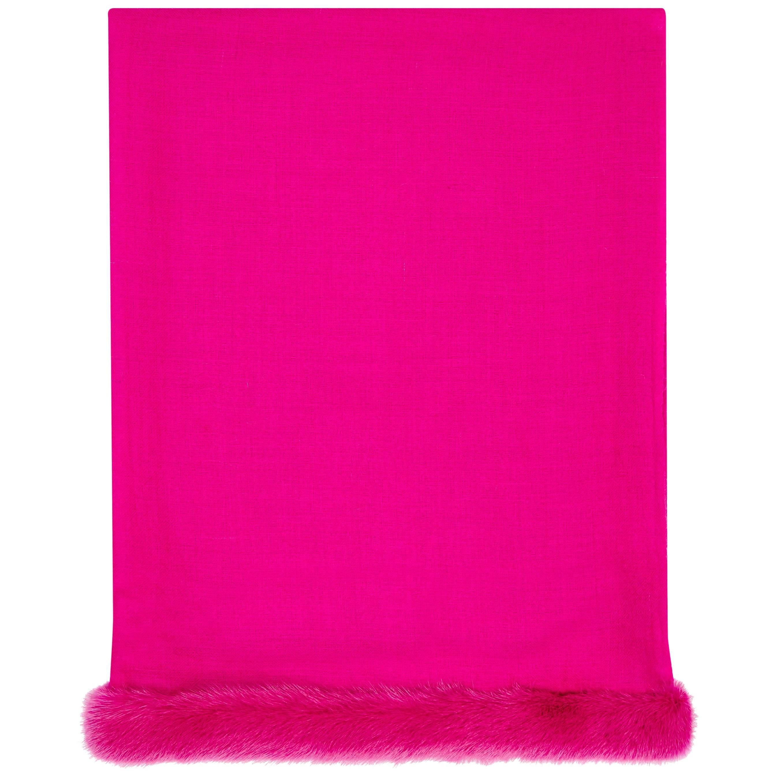 Verheyen London Handwoven Mink Fur Trimmed Cashmere Shawl in Fuchsia Pink