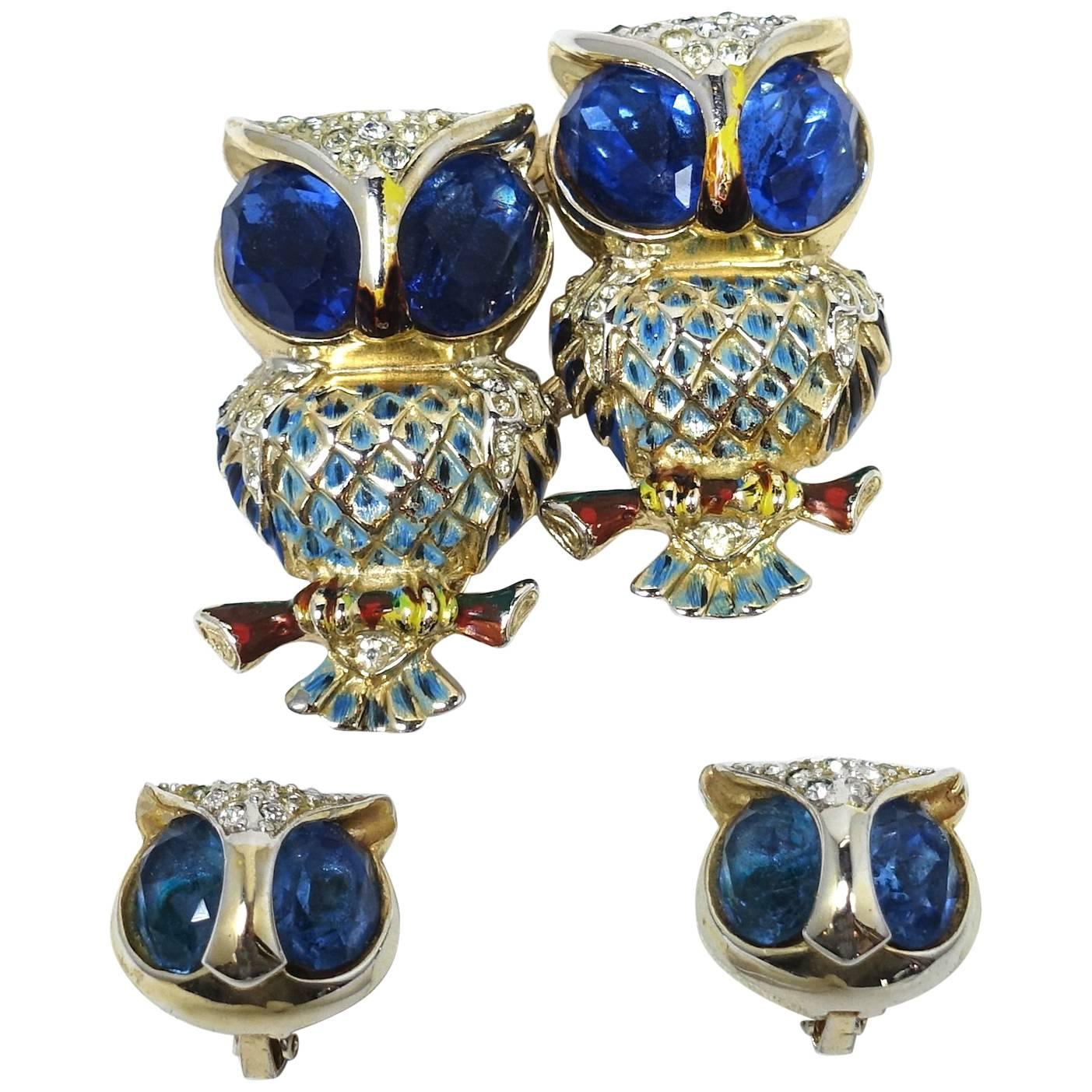 FAMOUS Vintage Signed Coro Craft Owl Duette Brooch & Earrings Set For Sale