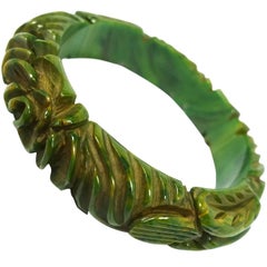 Vintage Deco Heavily Carved Green Bakelite Bangle Bracelet