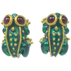 Vintage Enamel & Cabochon Frog Earrings