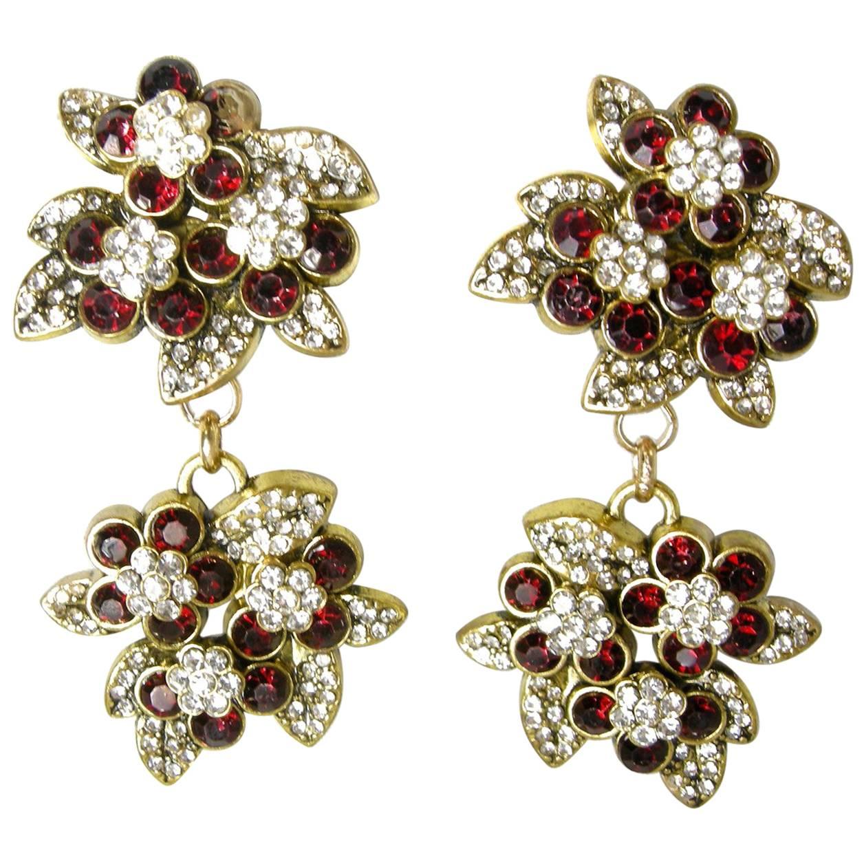 Vintage DeMario Faux Ruby and Clear Rhinestone Floral Drop Earrings For Sale